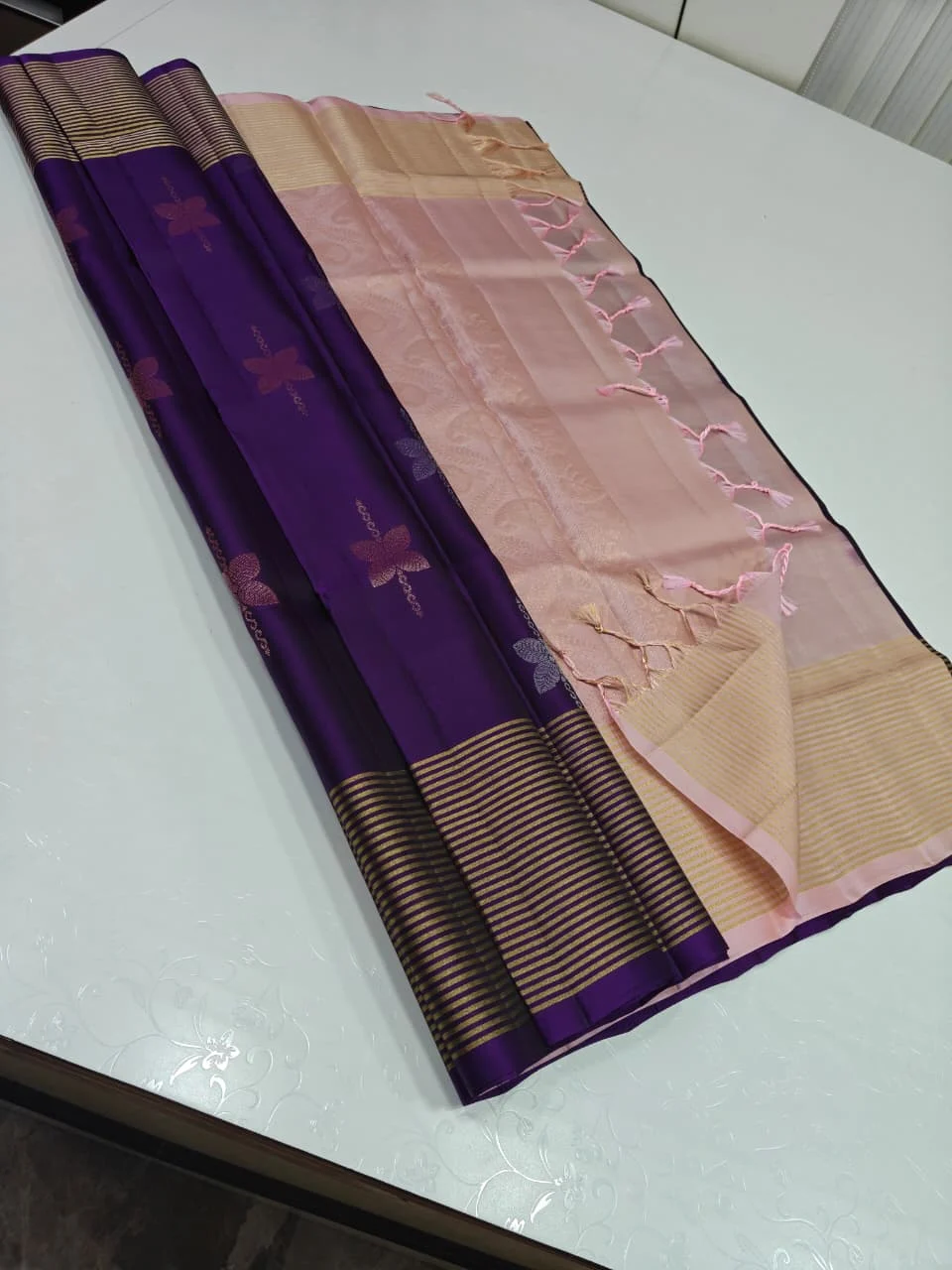 Royal Purple and Peach Pink Soft Silk with Butterfly Buttas and Gold Stripe Border Saree